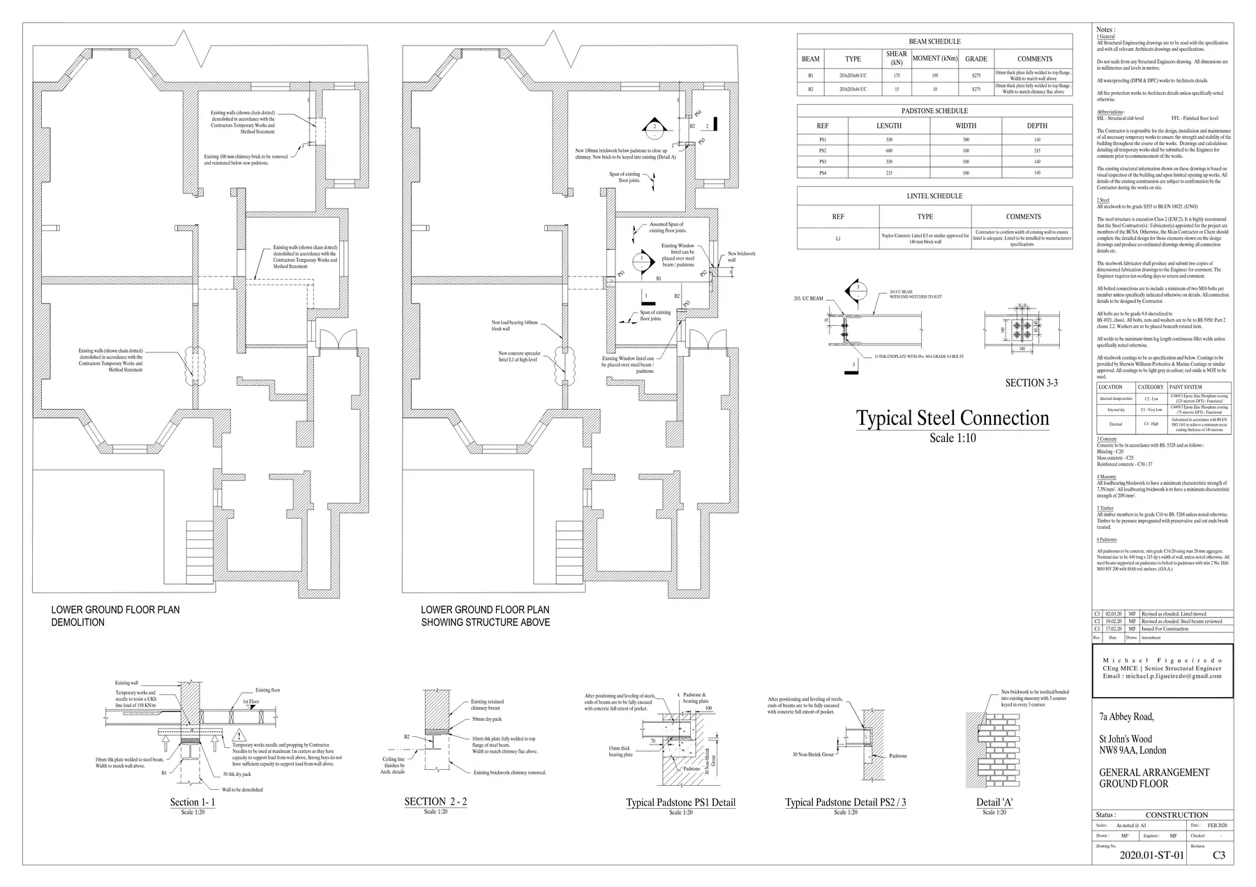 Lower-ground-floor structural refurbishment drawing for 7a Abbey Road