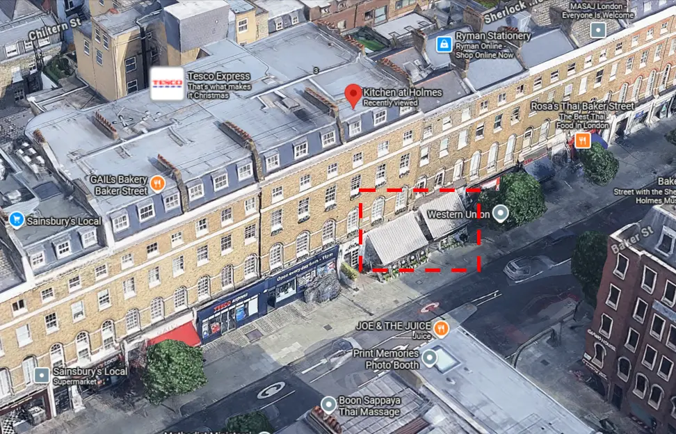 Aerial location of the coffee shop at Holmes Hotel on Baker Street