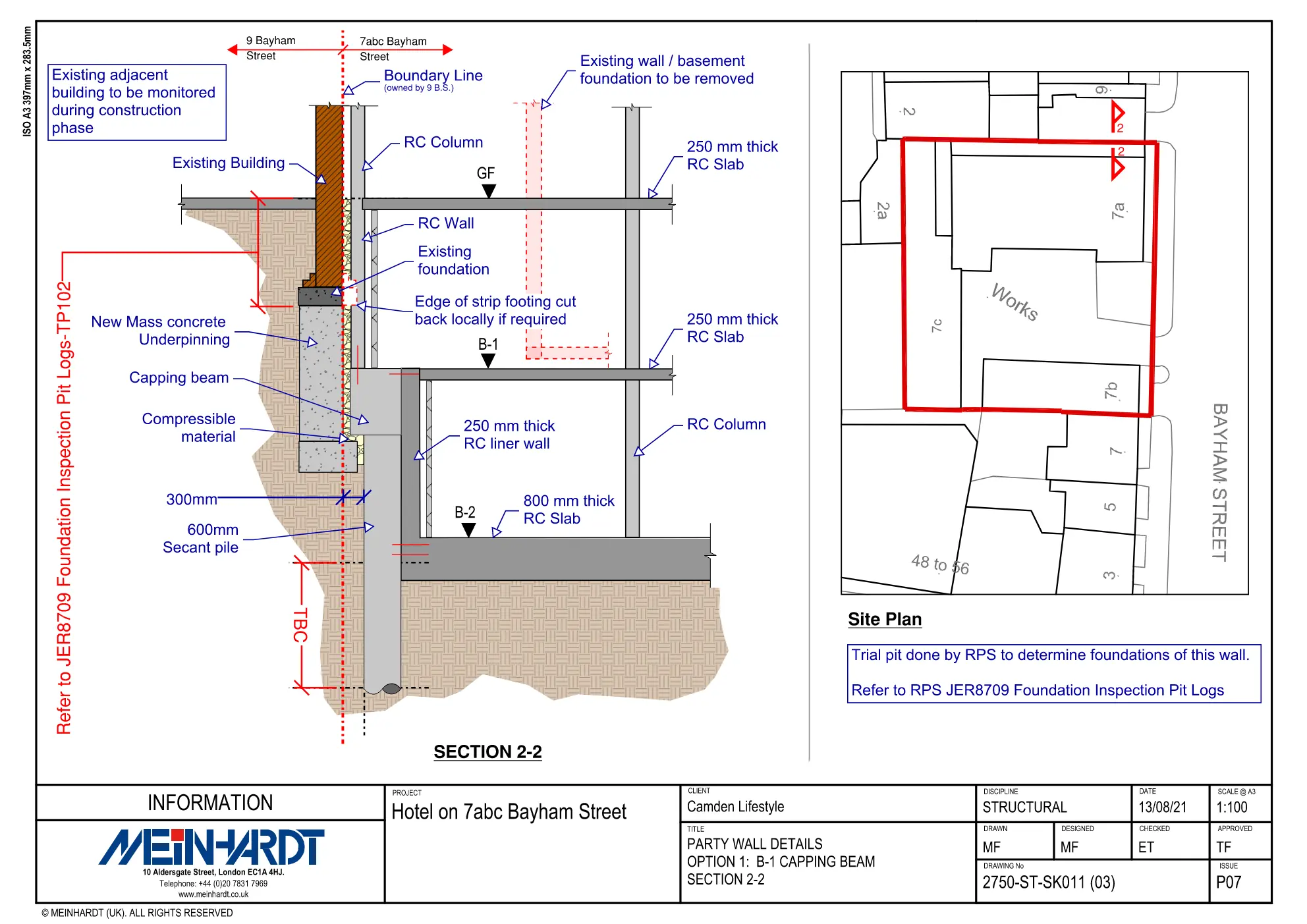 Party-wall, underpinning and capping-beam detail for Camden Lifestyle Hotel