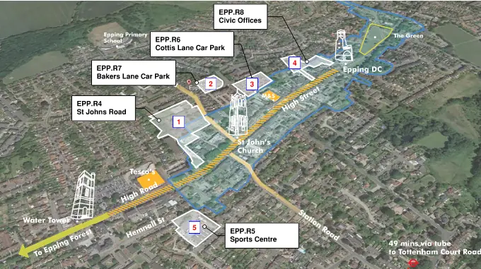 Aerial context plan identifying the five Epping regeneration sites