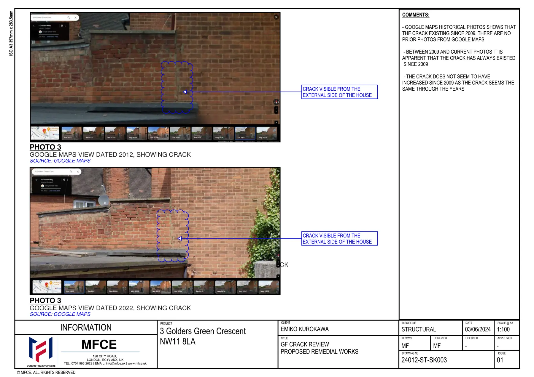 Comparison of historic imagery documenting masonry cracking at Golders Green Crescent