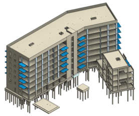 Lampton Road residential block model showing the reinforced-concrete frame and balconies