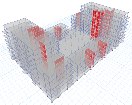 ETABS structural model highlighting the Lampton Road reinforced-concrete cores and shear walls