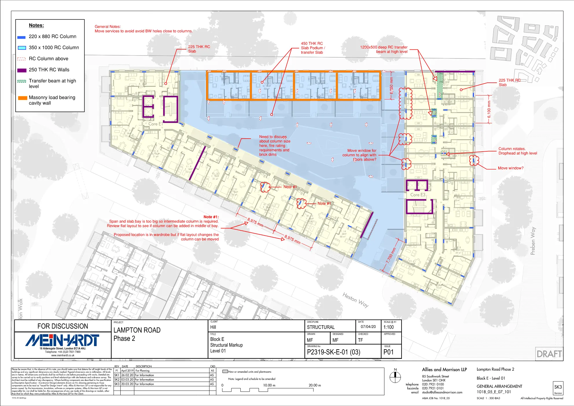 Structural coordination markup for Lampton Road showing columns, cores, walls, slabs and transfer structures