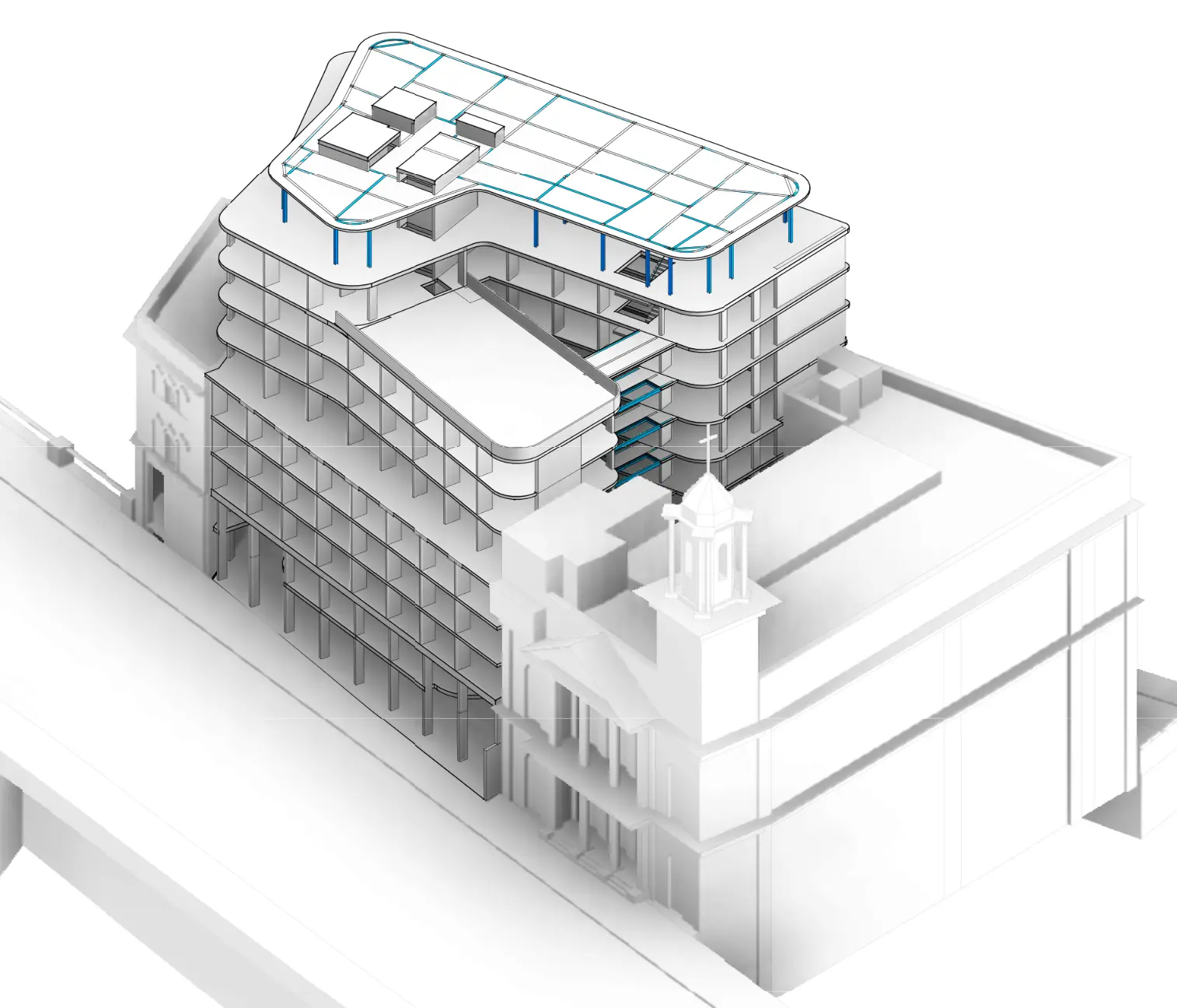 Morley House structural model showing the new-build frame beside the historic City Temple