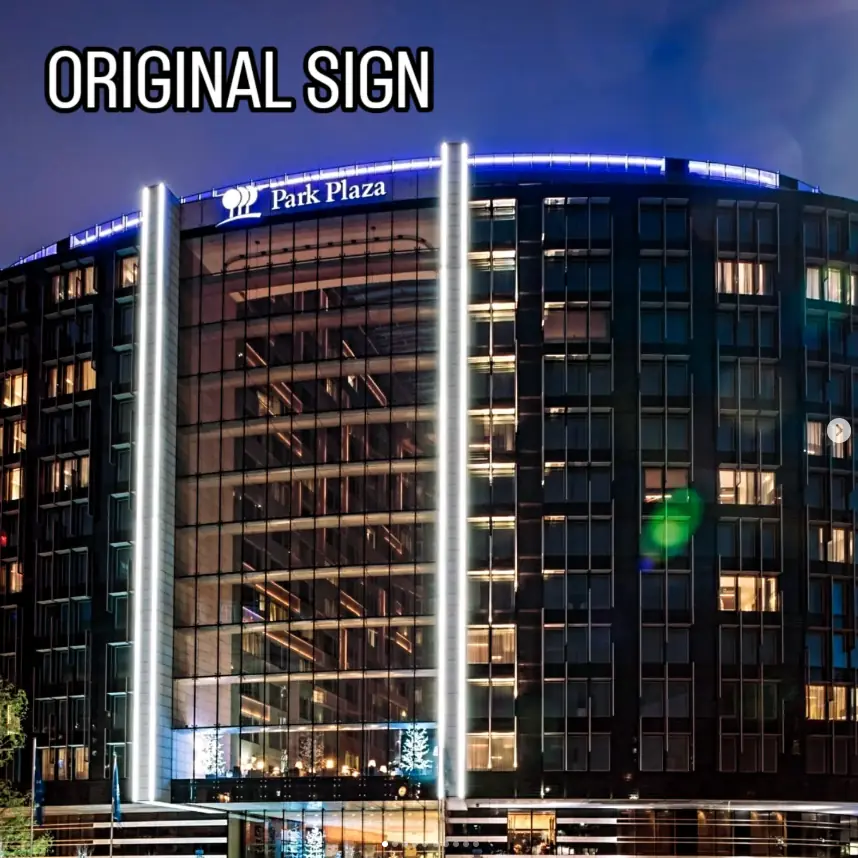 Original illuminated Park Plaza Hotel façade sign at Westminster Bridge Road