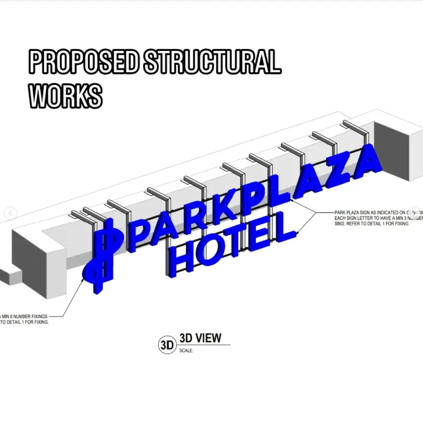 Three-dimensional proposal for the replacement Park Plaza Hotel sign and supporting steelwork