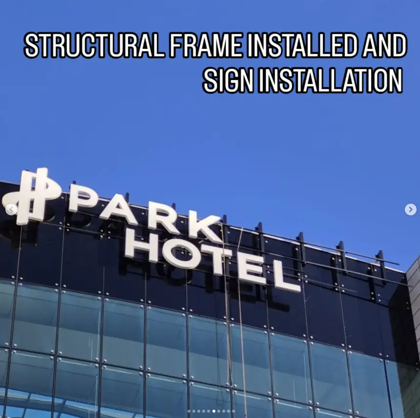 Park Plaza Hotel sign installation nearing completion