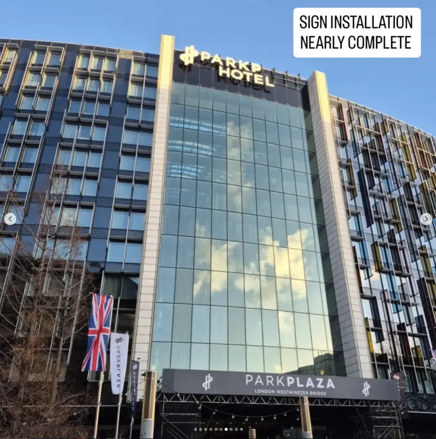 Replacement Park Plaza Hotel sign nearing completion above the main entrance