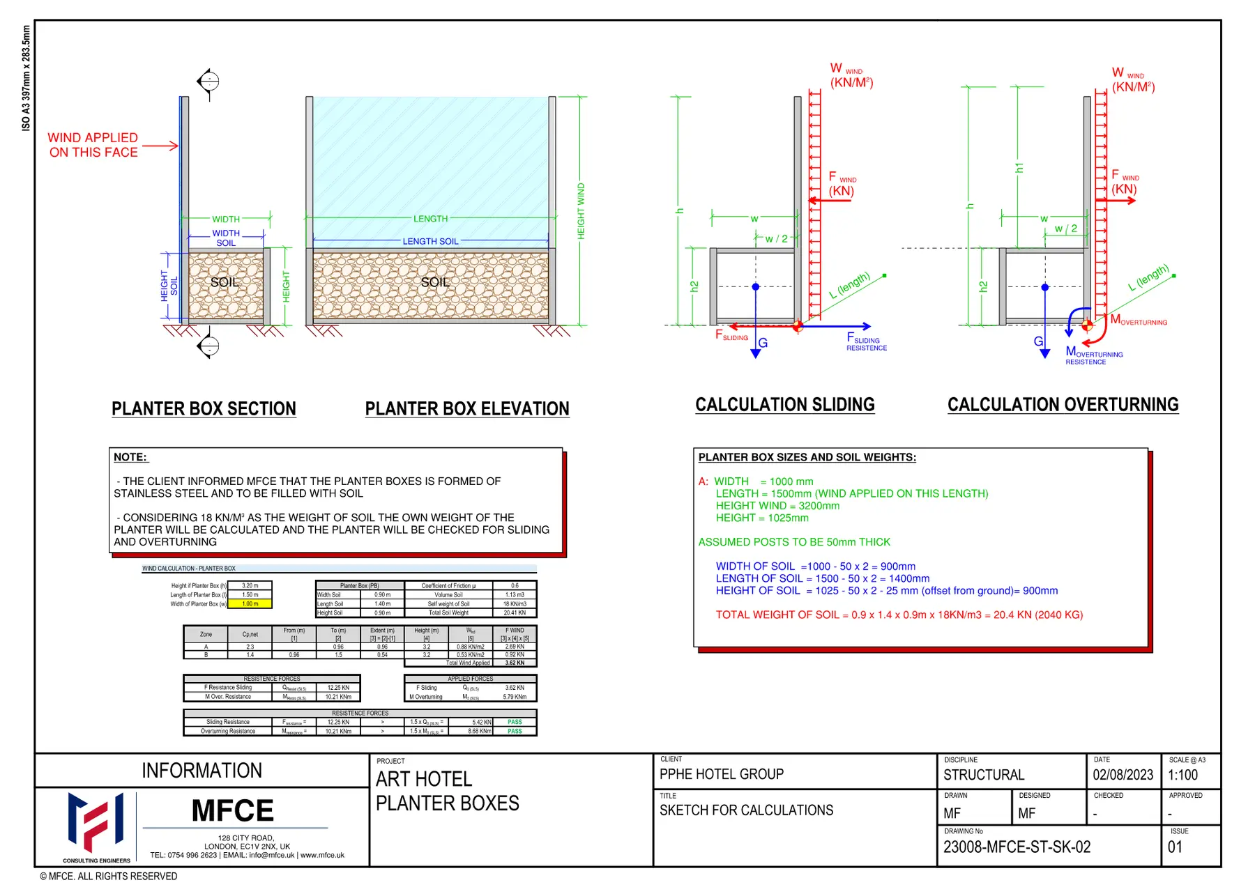 Planter-box wind, sliding and overturning calculation sketch