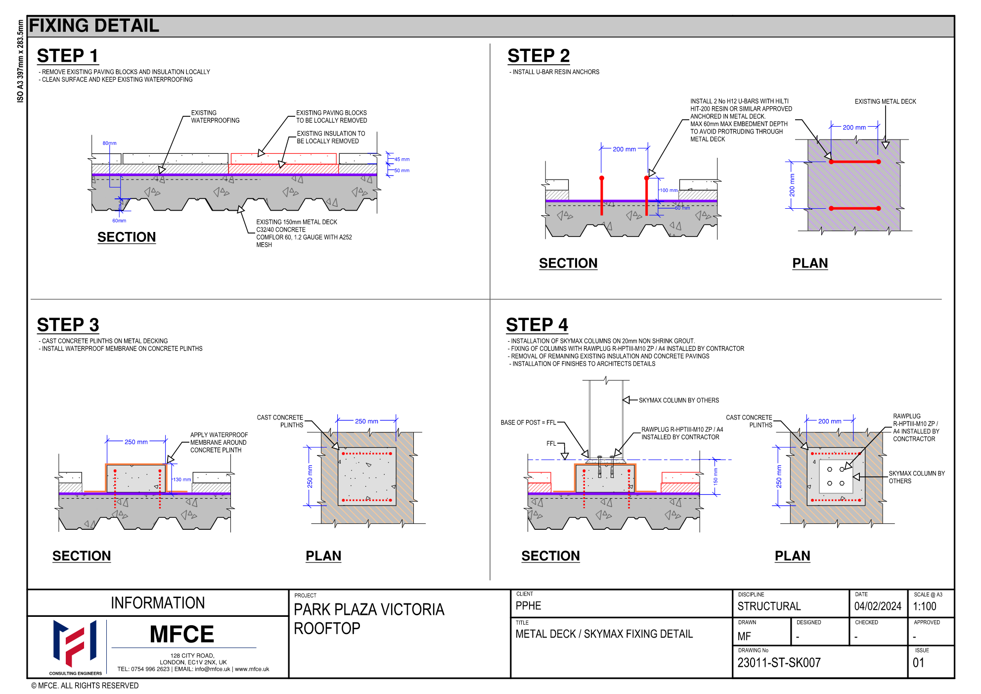 Structural fixing sequence for the lightweight rooftop enclosure posts at Park Plaza Victoria