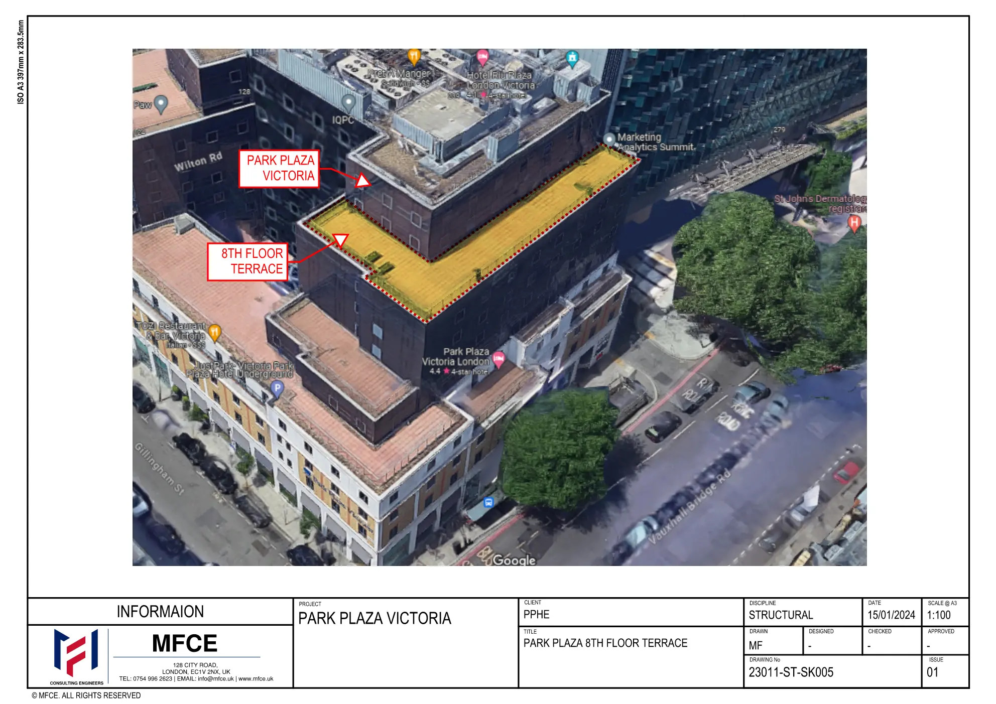 Aerial view identifying the eighth-floor terrace at Park Plaza Victoria