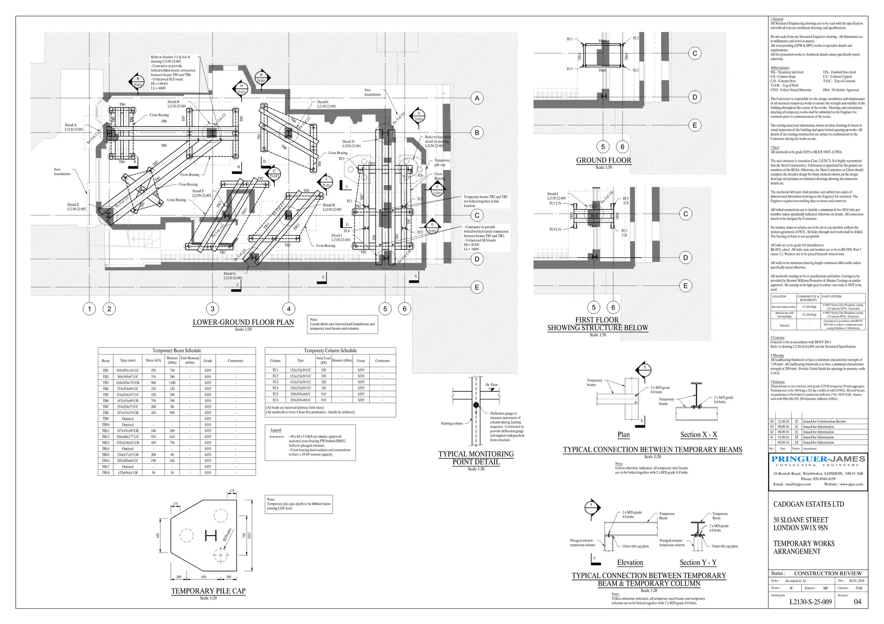 Plunge-column, jacking and temporary-works details for 50 Sloane Street