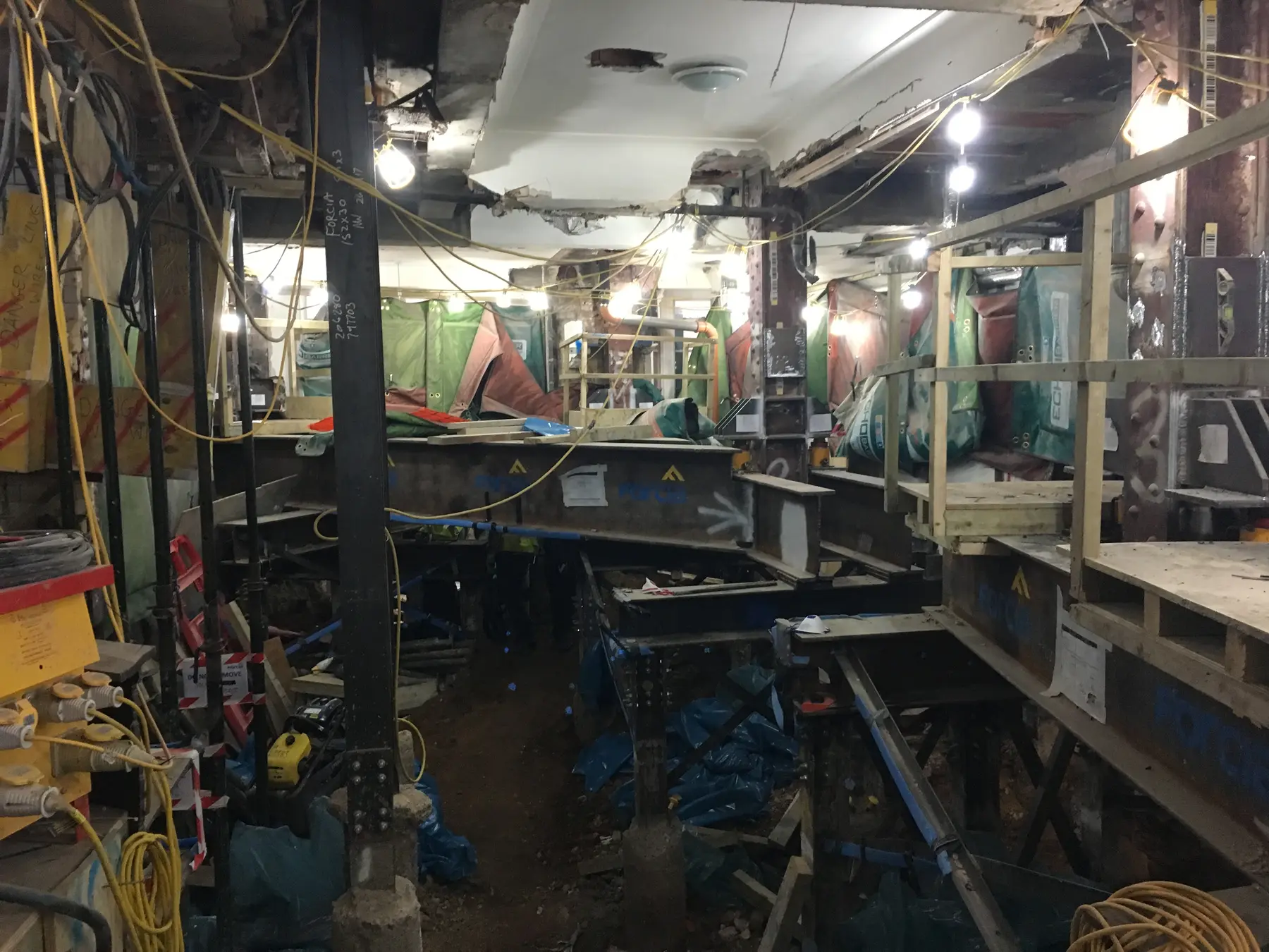 Temporary works under construction within the basement at 50 Sloane Street