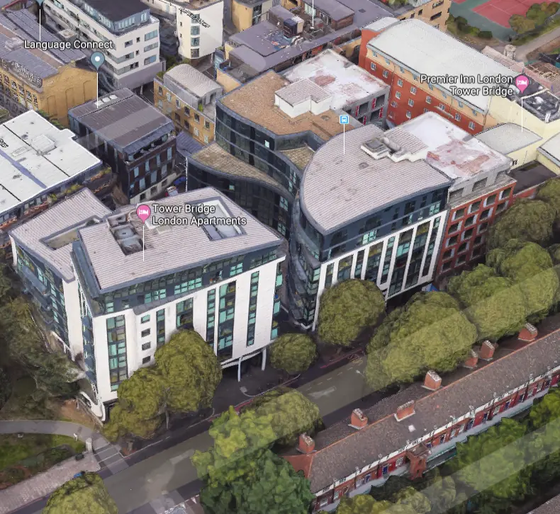Aerial context view of 151–157 Tower Bridge Road